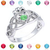 White Gold Trinity Celtic Knot Personalized CZ Birthstone Ladies Ring