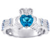 18K White Gold Diamond Claddagh Ring with 0.4 Ct. Blue Topaz