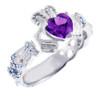18K  White Gold Diamond Claddagh Ring With 0.4 Ct  Amethyst