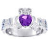 18K  White Gold Diamond Claddagh Ring With 0.4 Ct  Amethyst