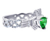 18K White Gold 0.4 Ct Diamond Band Claddagh Ring With and 1.10 Ct Emerald
