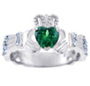 18K White Gold 0.4 Ct Diamond Band Claddagh Ring With and 1.10 Ct Emerald