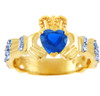 18K Yellow Gold 0.4 Ct Diamond Band Claddagh Ring With 1.10 Ct Genuine Blue Sapphire