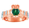 Rose Gold 0.4 Ct Diamond Band Claddagh Ring With and 1.10 Ct  Emerald