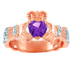 Rose Gold Diamond Claddagh Ring With 0.4 Ct  Amethyst