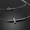 14K White Gold Sideways Curved Cross CZ Pendant Necklace