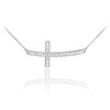 14K White Gold Sideways Curved Cross CZ Pendant Necklace