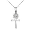 White Gold Ankh Cross Tree of Life CZ Pendant Necklace