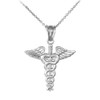 White Gold Caduceus Charm Pendant Necklace