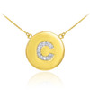 Letter "C" disc necklace with diamonds in 14k yellow gold.