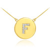 Letter "F" disc necklace with diamonds in 14k yellow gold.