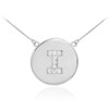 Letter "I" disc necklace with diamonds in 14k white gold.
