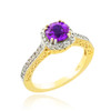 Amethyst Solitaire Halo Diamond Pave Gold Engagement Ring