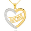 14K Two-Tone Gold Diamond Half Studded "Mom" Heart Pendant Necklace
