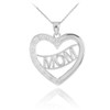 14K White Gold Diamond Half Studded "Mom" Heart Pendant Necklace
