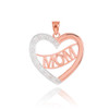 14K Two-Tone Rose Gold Diamond Half Studded "Mom" Heart Pendant Necklace