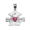 Sterling Silver Heart July Birthstone Red CZ Class of 2017 Graduation Pendant Necklace