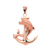 High Polished Rose Gold Textured Dolphin Anchor Pendant Necklace