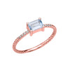 Rose Gold Solitaire Emerald Cut Aquamarine and Diamond Rope Design Engagement/Promise Ring