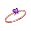 Dainty Rose Gold Solitaire Princess Cut Amethyst and Diamond Rope Design Engagement/Promise Ring