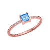 Dainty Rose Gold Solitaire Princess Cut Blue Topaz and Diamond Rope Design Engagement/Promise Ring