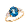 3 Carat Blue Topaz Solitaire Yellow Gold Modern Proposal/Promise Ring With White Topaz Sidestones