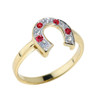 Yellow Gold White and Red CZ Ladies Horseshoe Ring