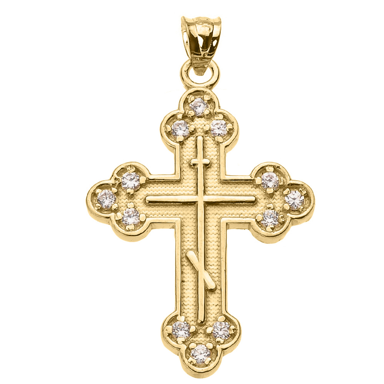 Yellow Gold Cubic Zirconia Eastern Orthodox Cross Pendant Necklace