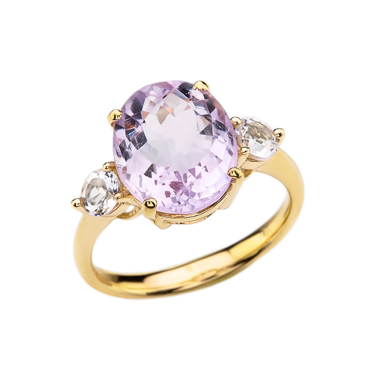 Yellow Gold 4 Carat Pink Amethyst Modern Promise Ring With White Topaz  Side-stones