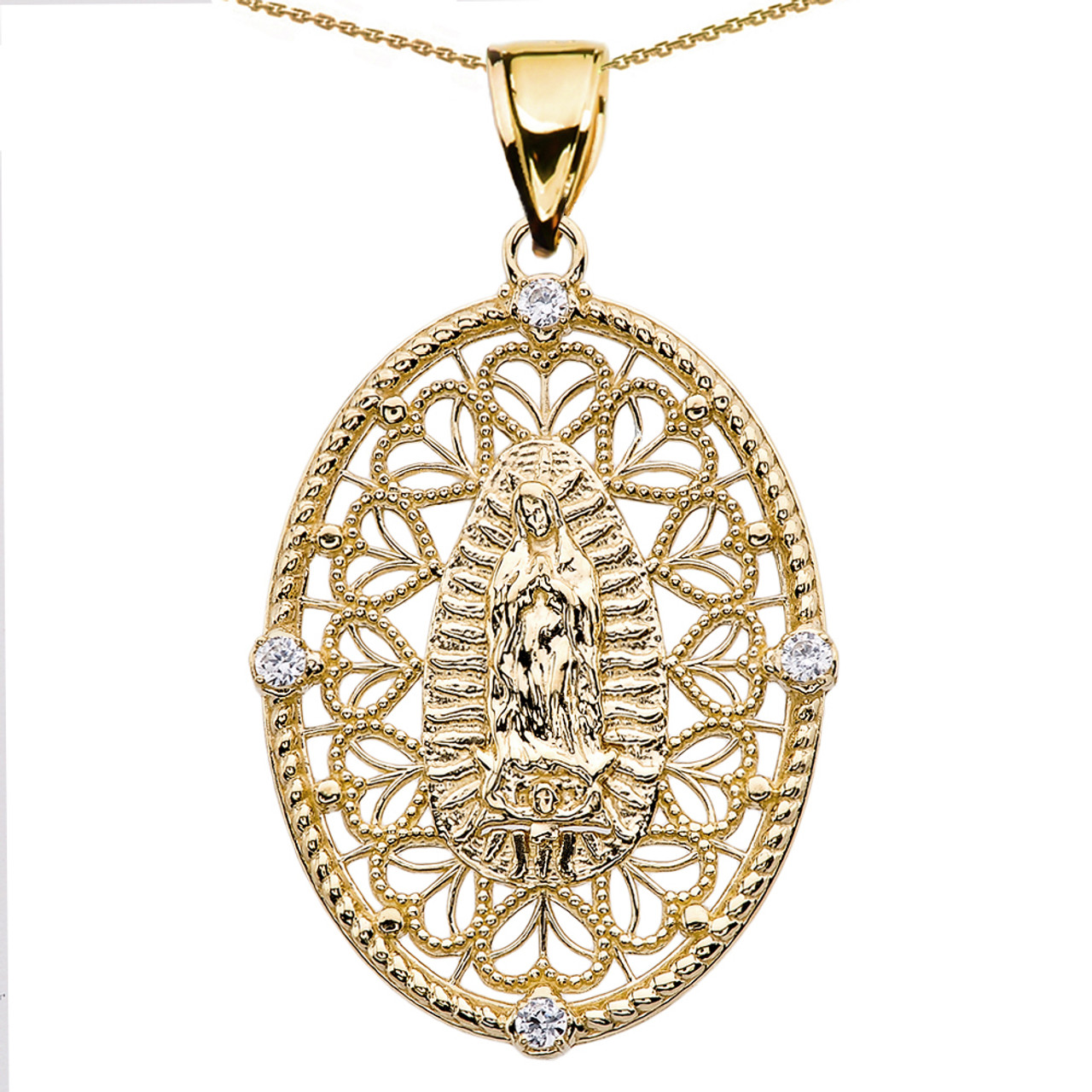 Solid Yellow Gold Round Our Lady Of Guadalupe Pendant Necklace