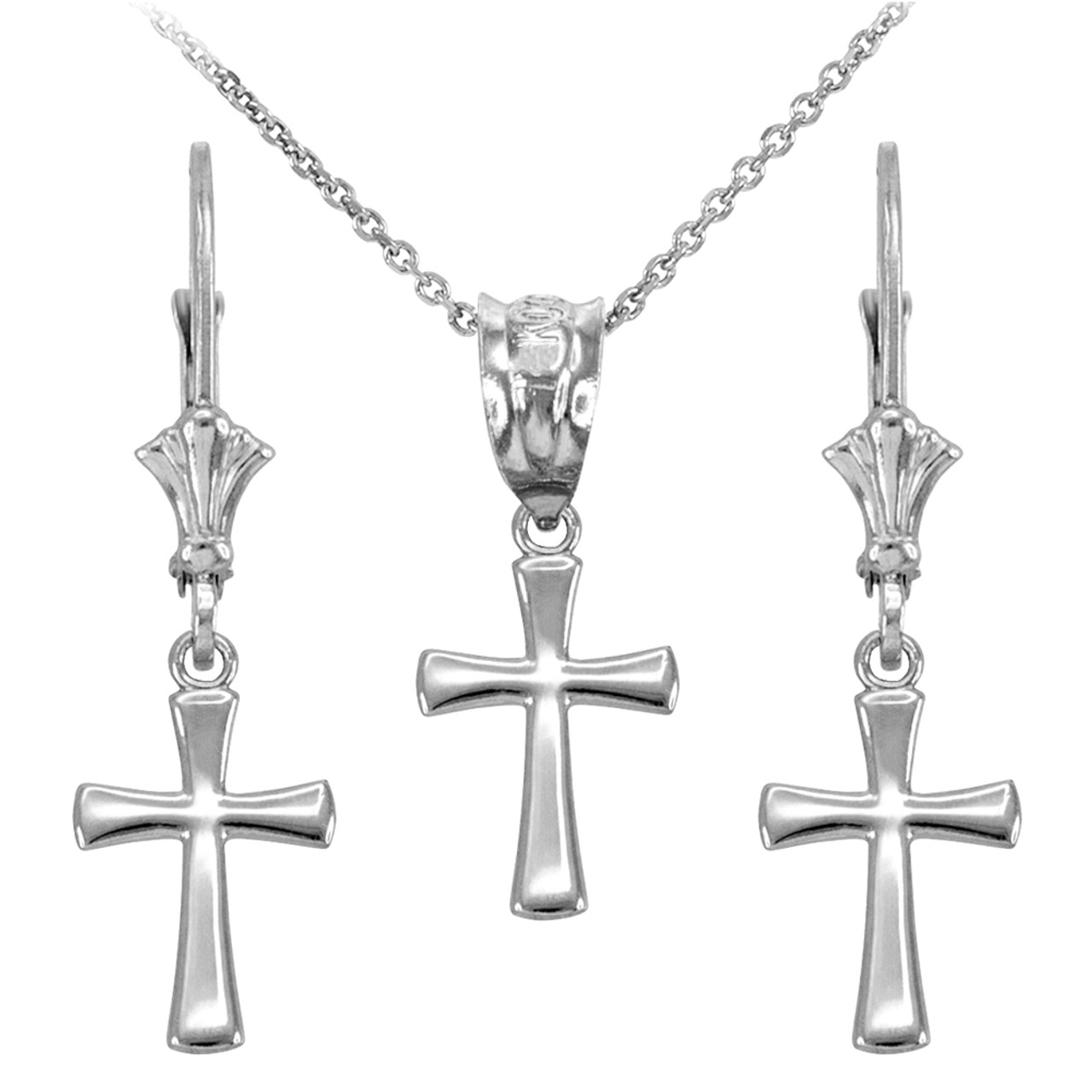 14k White Gold Rounded Mini Cross Necklace Earring Set