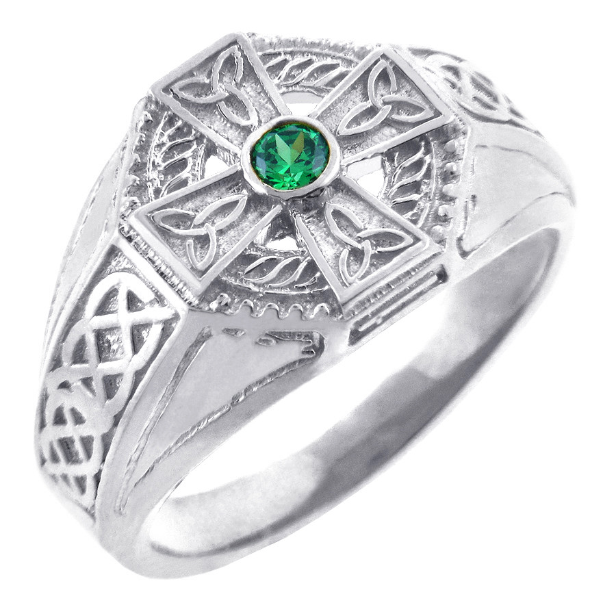 White Gold Celtic Cross CZ Ring Mens 