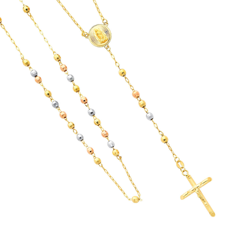 14K Tri-Color Gold Rosary Necklace 