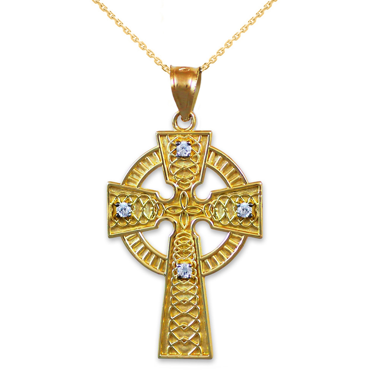 1 Inch Sterling Silver Diamond Drag Engraved Celtic Cross Necklace