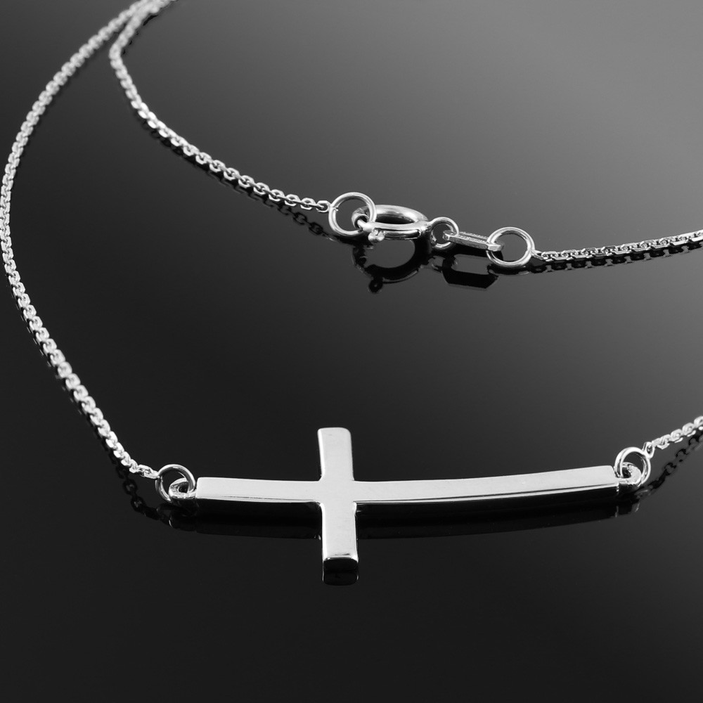 White Gold Sideways Curved Cross Necklace