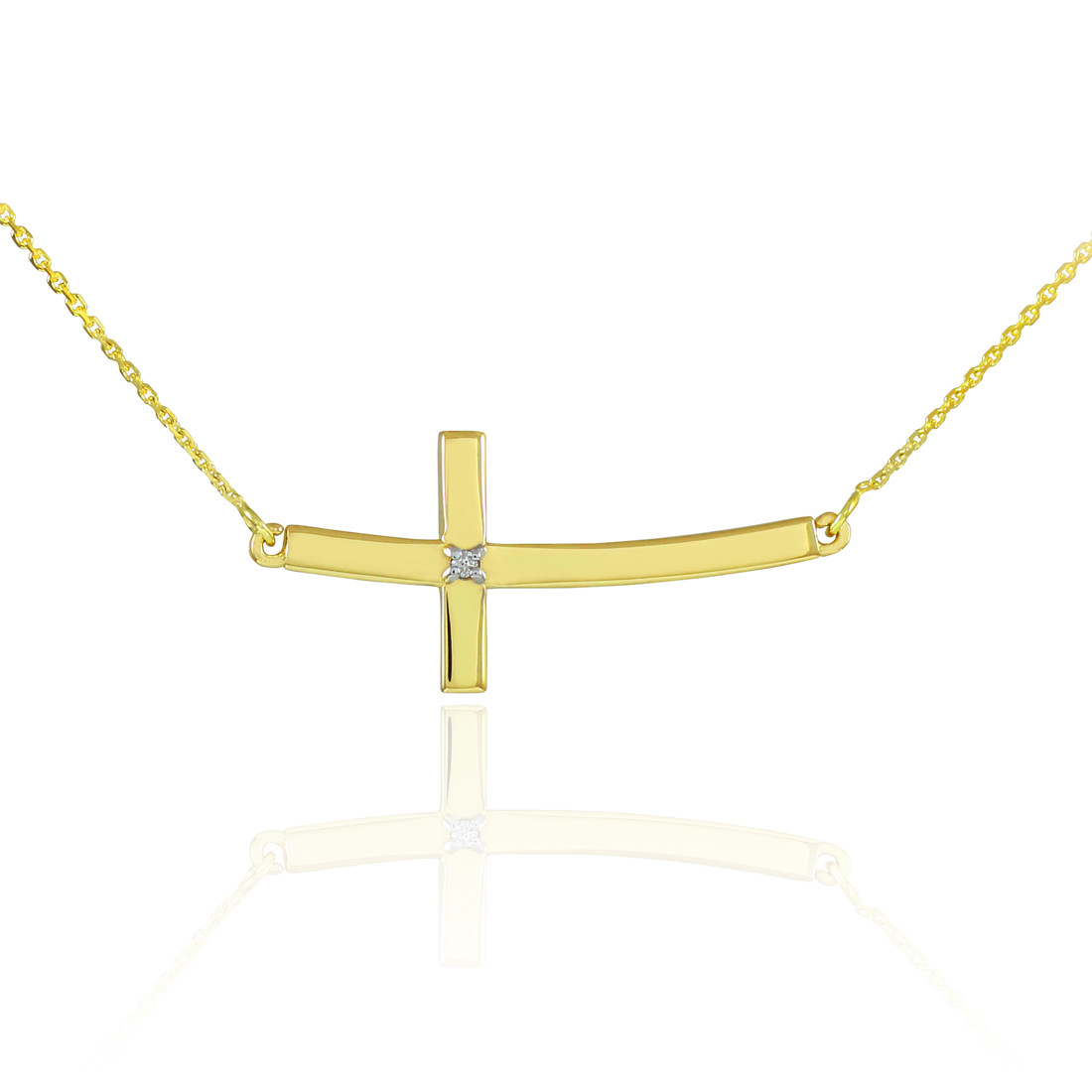 14K Gold Diamond Sideways Curved Cross 