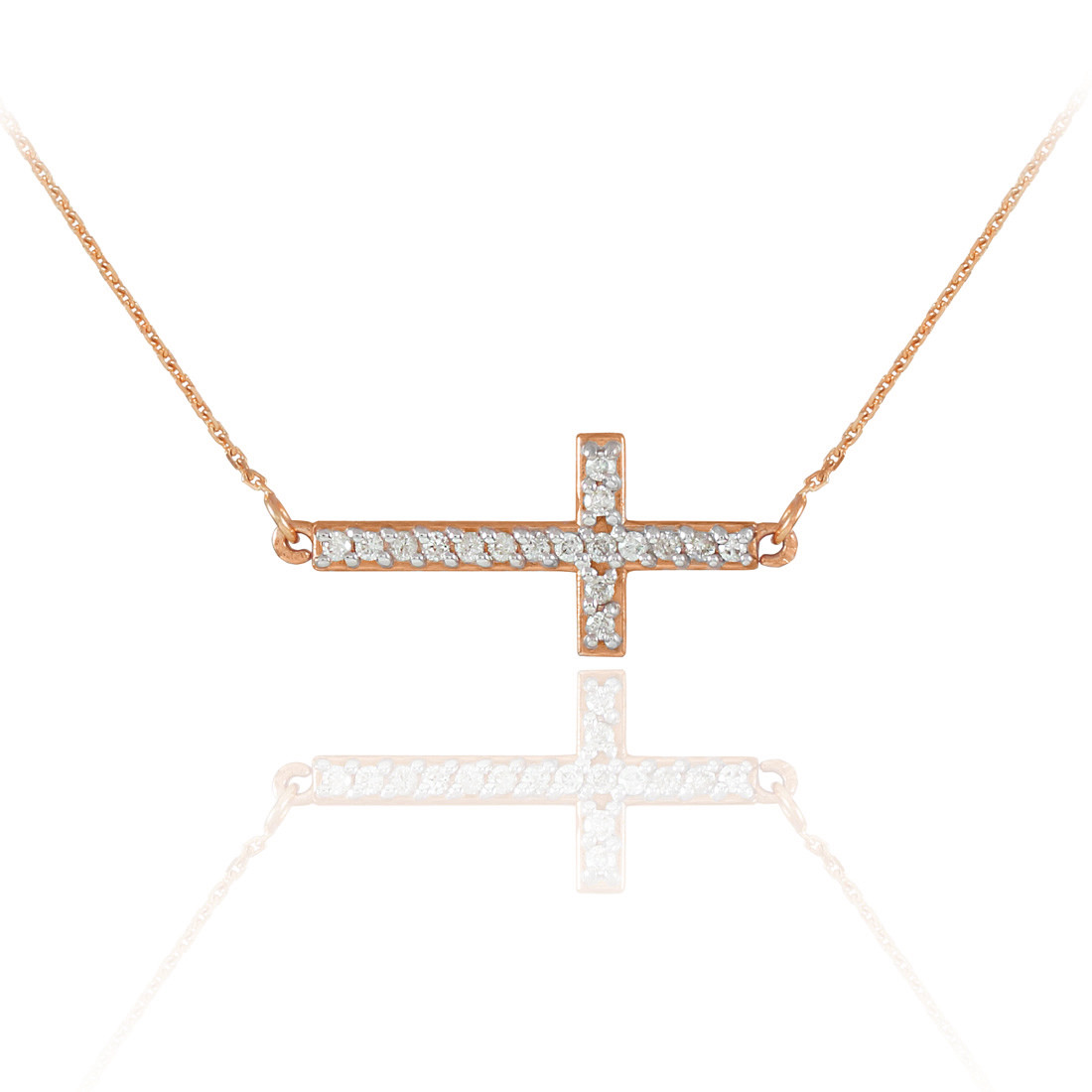 14K Rose Gold Diamond Sideways Cross 