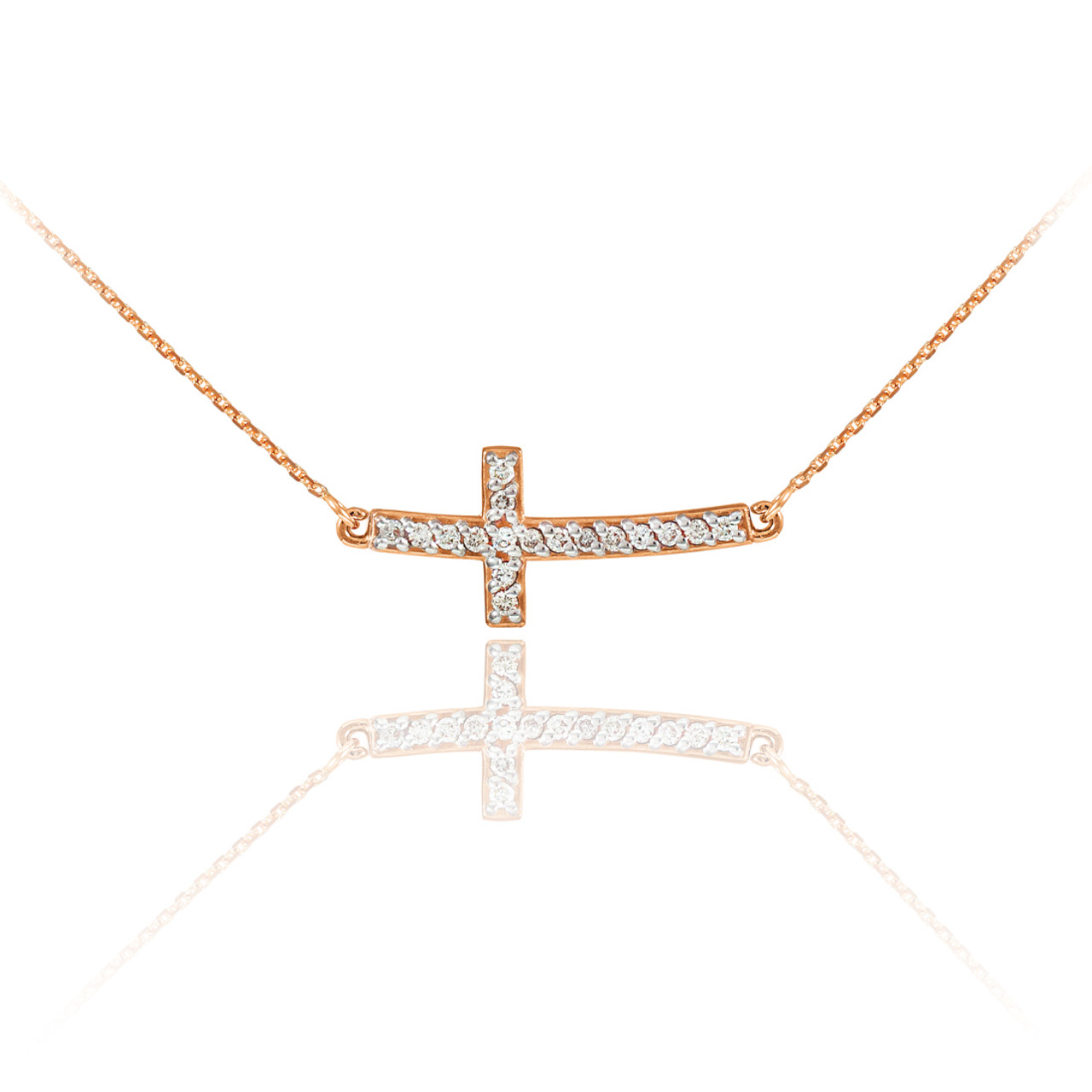 14k Rose Gold Small Sideways Curved Cross Necklace - Rosarycard.net