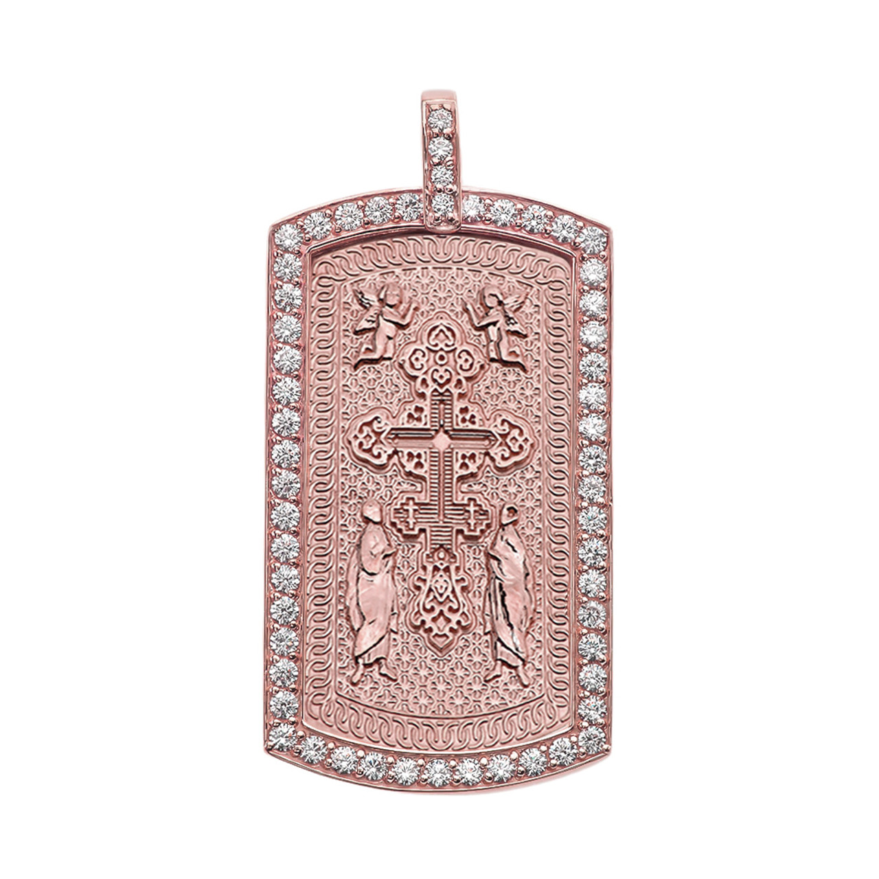 Eastern Orthodox Cross Diamond Rose Gold Dog Tag Pendant Necklace