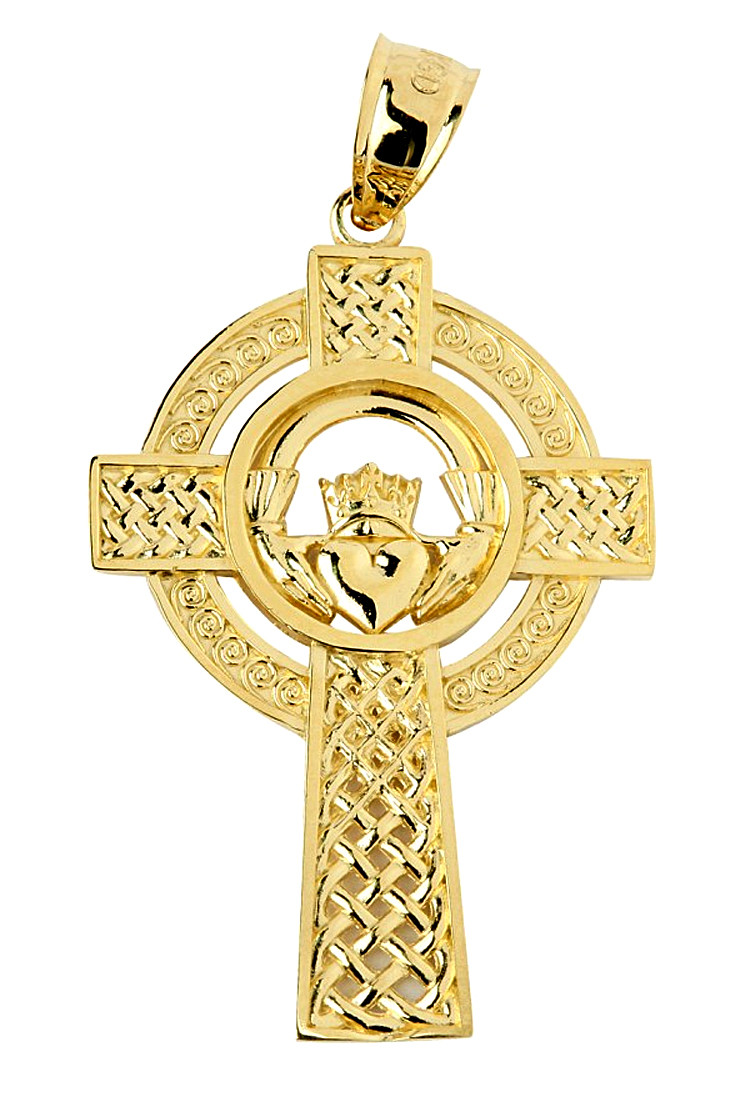 Claddagh 14K Yellow Gold Cross Pendant