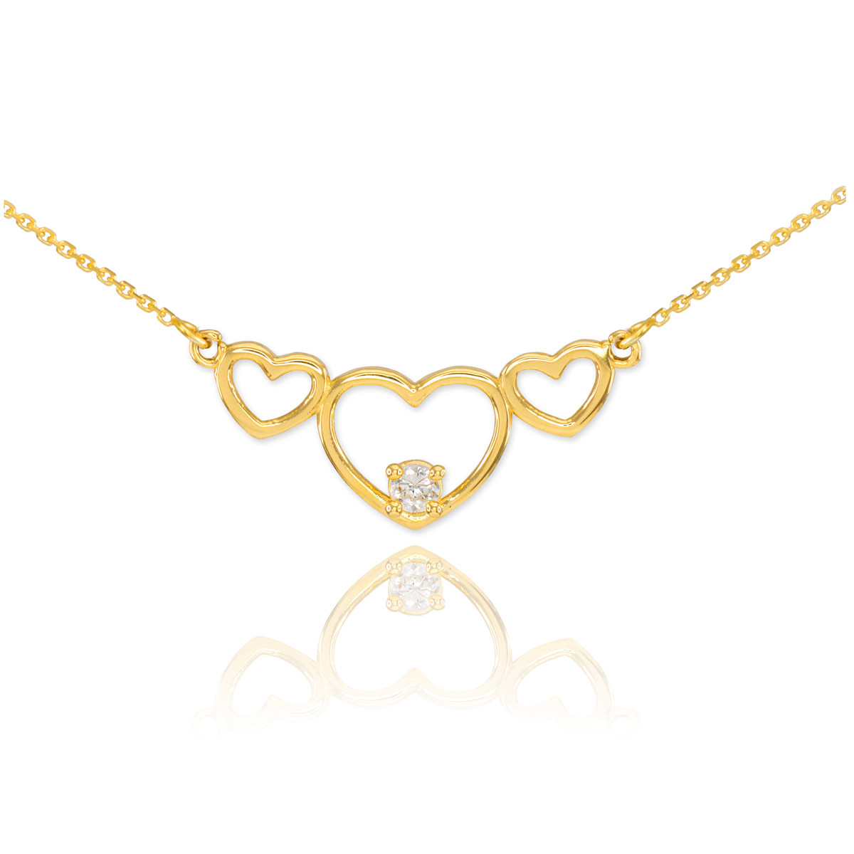 14K Gold Triple Heart Necklace with CZ 