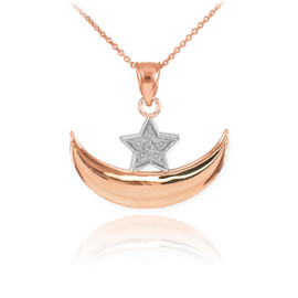 Rose Gold Diamond Crescent Moon and Star Islamic Pendant Necklace