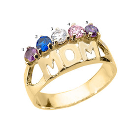 Yellow Gold "MOM" Ring with Five CZ Birthstones
