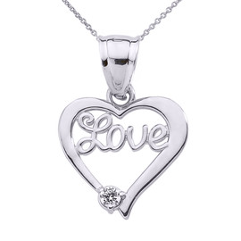 Sterling Silver "Love" Script Diamond Heart Pendant Necklace