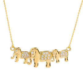 Yellow Gold CZ Studded Three Elephant Pendant Necklace