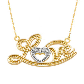 14k Yellow Gold "Love" Script Diamond Pendant Necklace