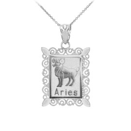 Polished White Gold Aries Zodiac Sign Rectangular Pendant Necklace