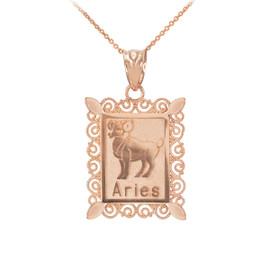 Polished Rose Gold Aries Zodiac Sign Rectangular Pendant Necklace