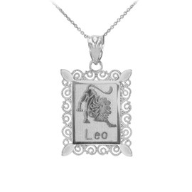 Polished White Gold Leo Zodiac Sign Rectangular Pendant Necklace