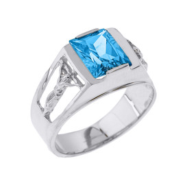 White Gold Crucifix Cross Aquamarine Gemstone Men's Ring